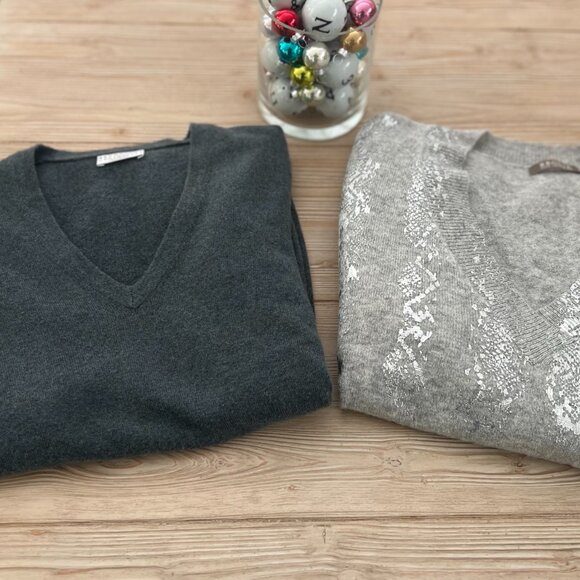 Brodie Fine Cashmere Gray Metallic Foil V-Neck Sweater | Women’s L - Picture 2 of 7